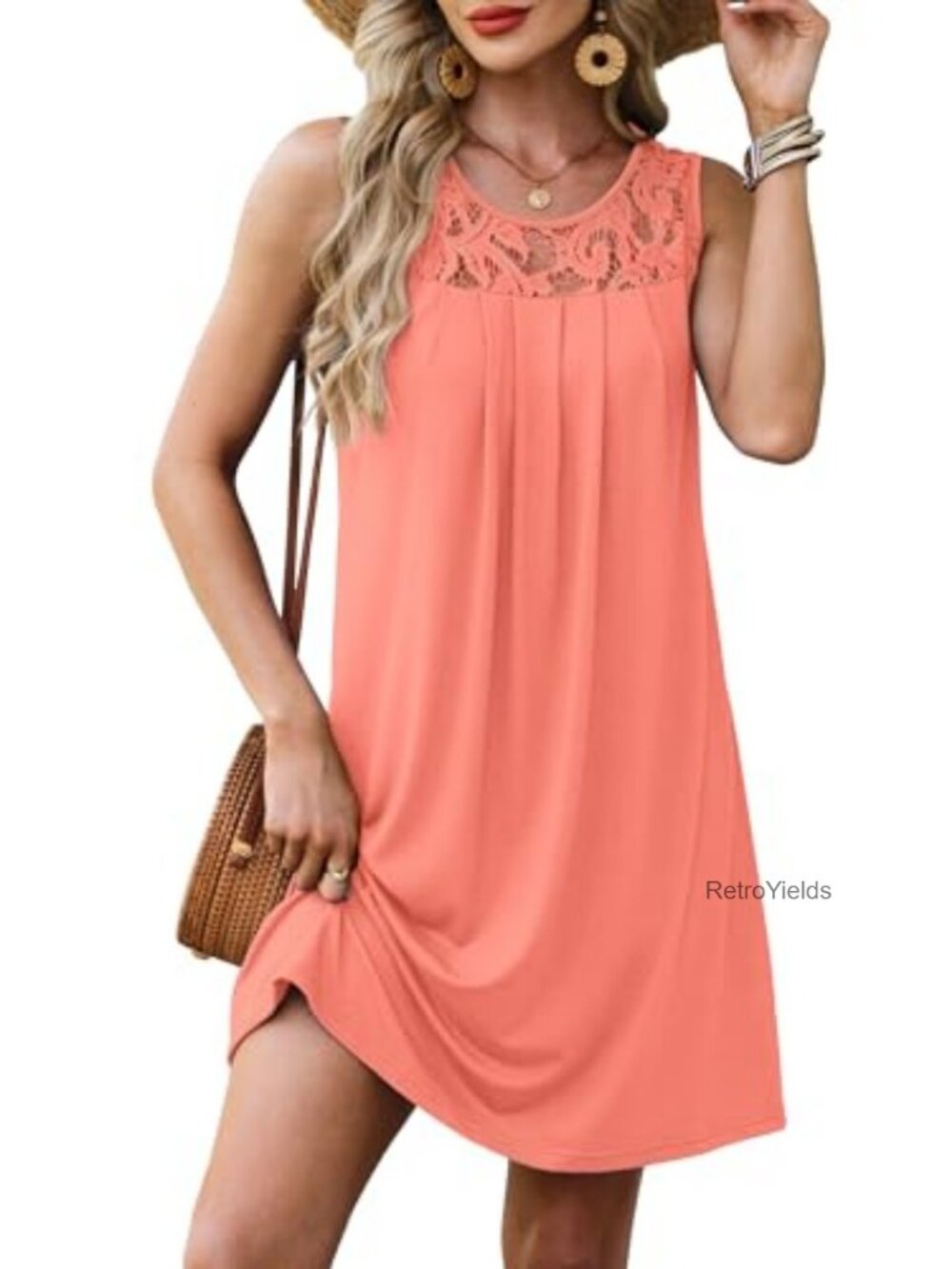 Lightweight Sleeveless Summer Dress with Lace Yoke Neckline, Figure-Flattering